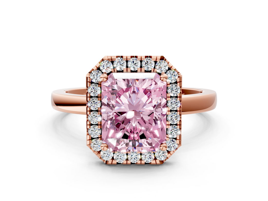 Rose gold Fancy Pink Radiant  Halo Diamond Solitaire with Pavé Band and Four-Prong Setting_90