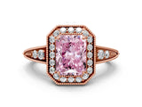 Rose gold Fancy Pink Radiant  Halo Diamond Split Shank Ring with Milgrain Detail_49