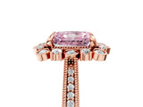 Rose gold Fancy Pink Radiant  Halo Milgrain Pave Diamond Ring with Four-Prong Setting