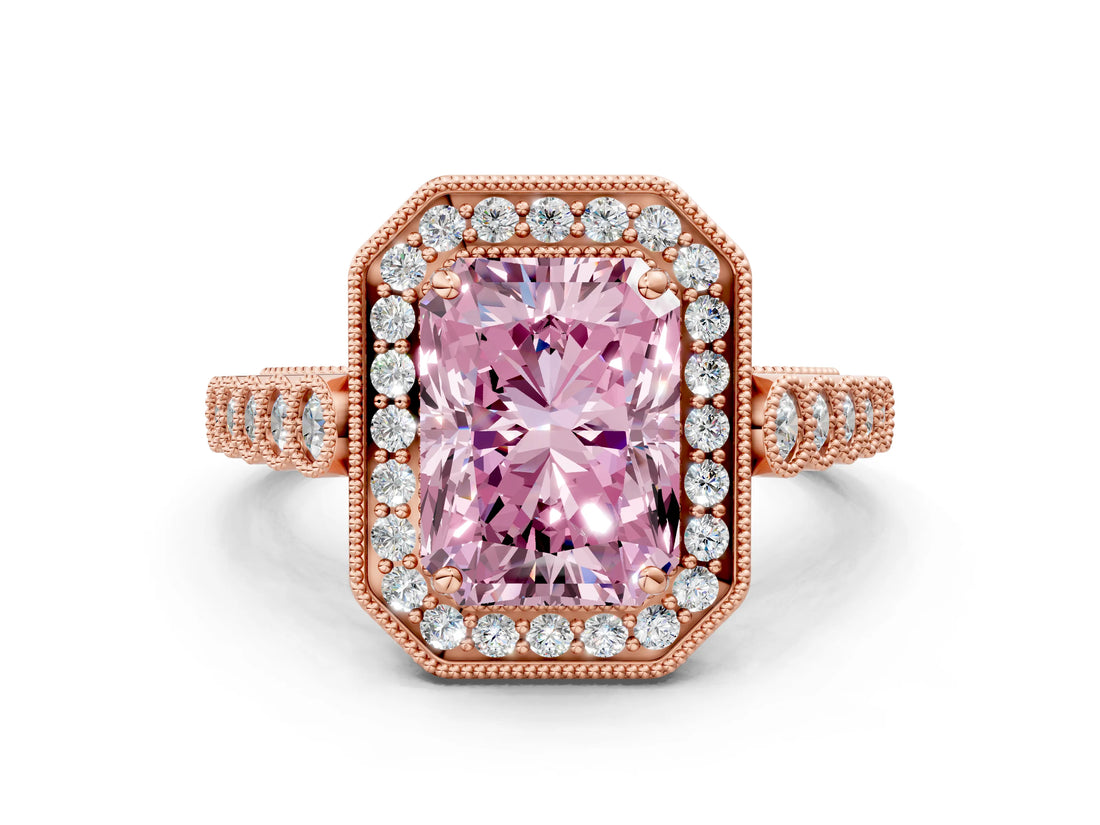 Rose gold Fancy Pink Radiant  Halo Milgrain Solitaire with Bezel Set Side Stones and Pave Band_32