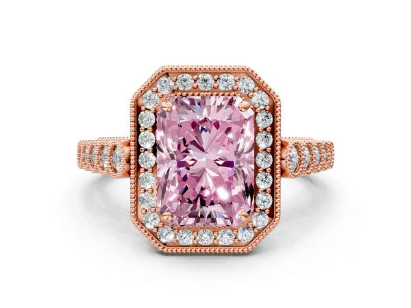 Rose gold Fancy Pink Radiant  Halo Milgrain Solitaire with Bezel Set Side Stones and Pave Band