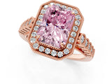 Rose gold Fancy Pink Radiant  Halo Milgrain Solitaire with Bezel Set Side Stones and Pave Band_33