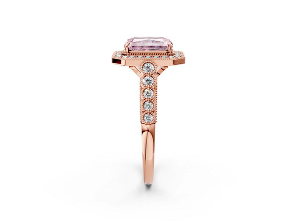 Rose gold Fancy Pink Radiant  Halo Milgrain Solitaire with Bezel Set Side Stones and Pave Band