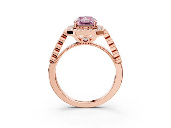 Rose gold Fancy Pink Radiant  Halo Milgrain Solitaire with Bezel Set Side Stones and Pave Band