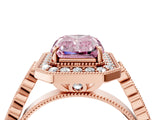 Rose gold Fancy Pink Radiant  Halo Milgrain Solitaire with Bezel Set Side Stones and Pave Band_36