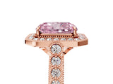 Rose gold Fancy Pink Radiant  Halo Milgrain Solitaire with Bezel Set Side Stones and Pave Band_37