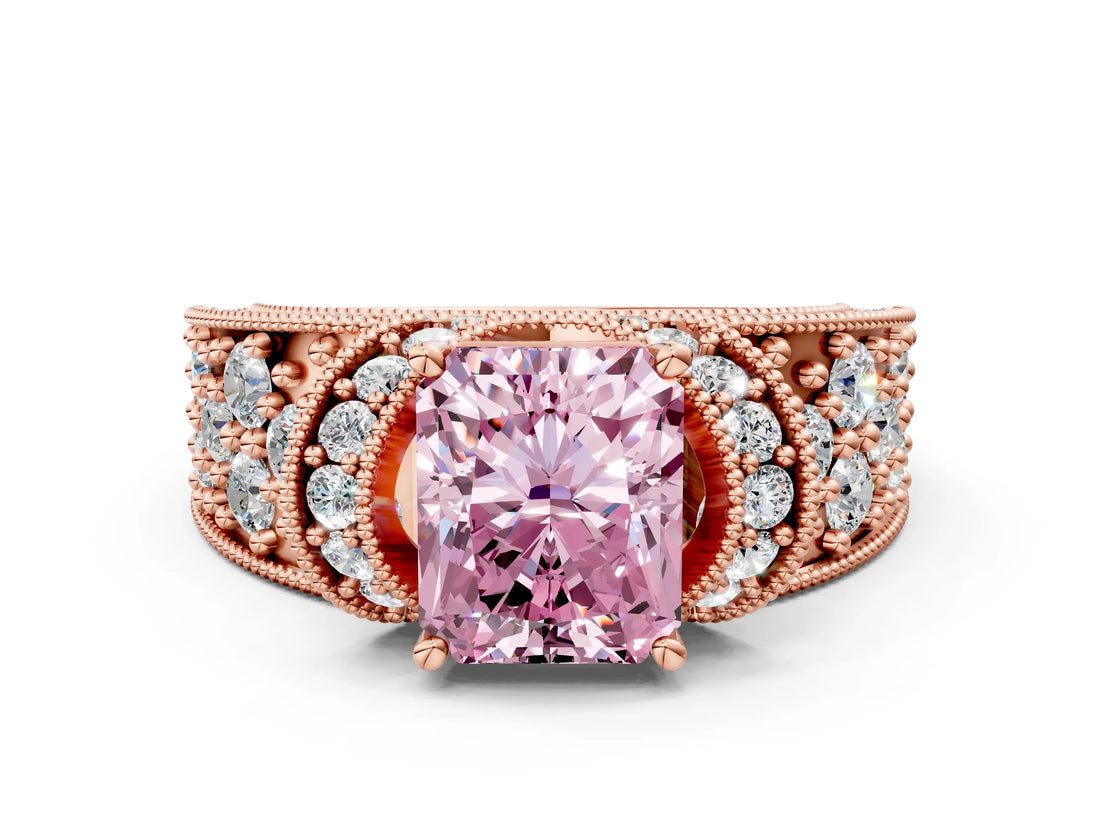 Rose gold Fancy Pink Radiant  Halo Pave Diamond Engagement Ring with Milgrain Detailing_50