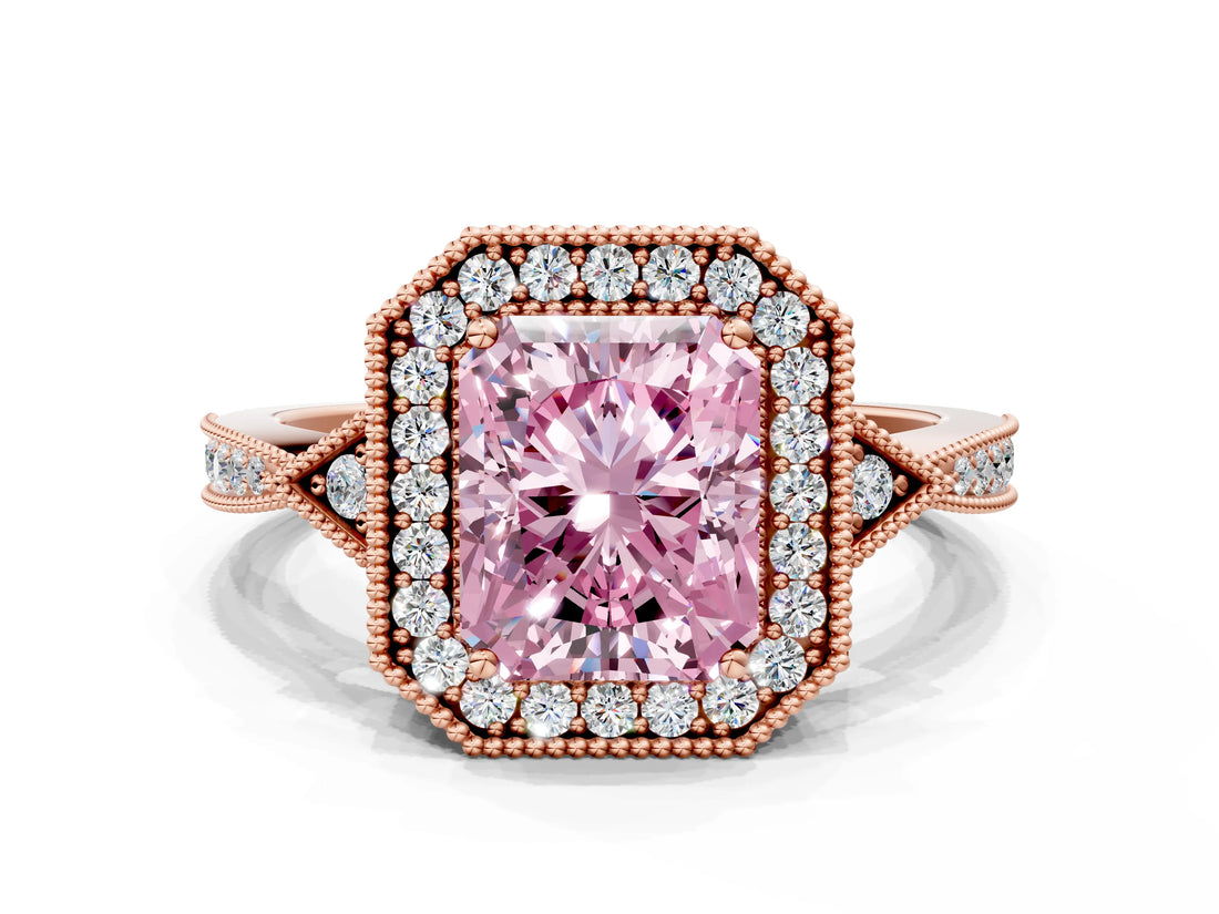 Rose gold Fancy Pink Radiant  Halo Round Diamond Milgrain Pave Engagement Ring_3