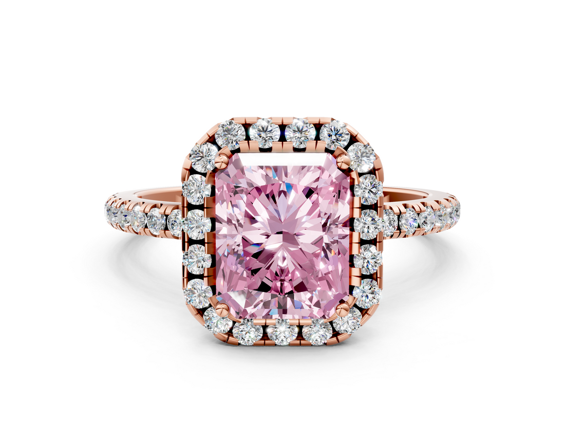 Rose gold Fancy Pink Radiant  Halo Round Diamond Pavé Band Four-Prong Ring_3