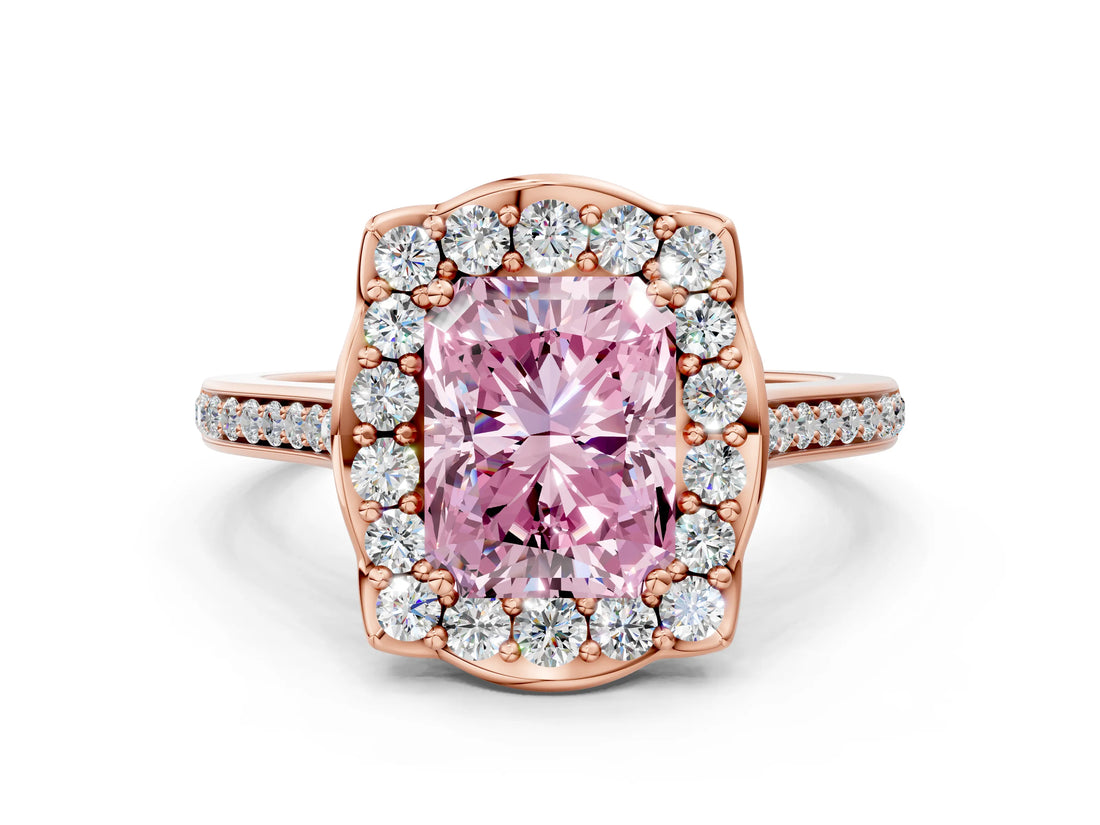 Rose gold Fancy Pink Radiant  Halo Round Diamond Pave Band with Four-Prong Setting_38