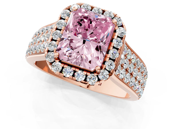 Rose gold Fancy Pink Radiant  Halo Round Diamond Pave Band with Prong Setting