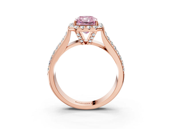 Rose gold Fancy Pink Radiant  Halo Round Diamond Pave Band with Prong Setting