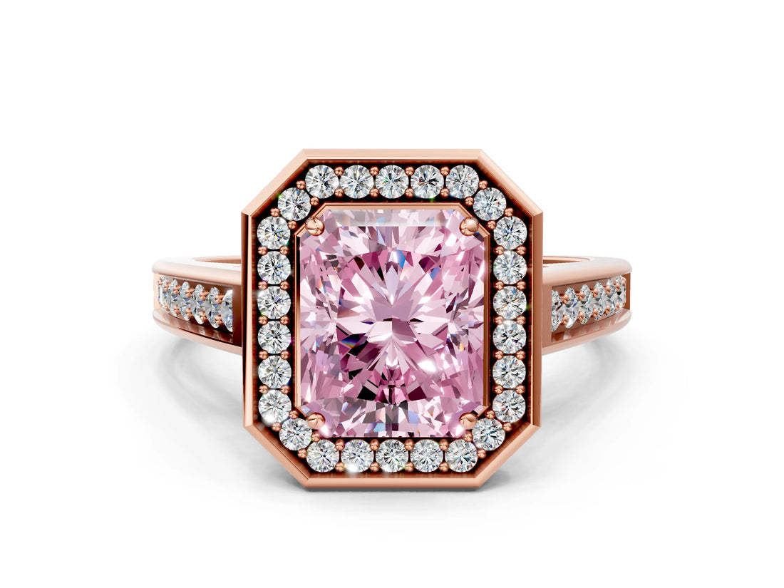 Rose gold Fancy Pink Radiant  Halo Solitaire Diamond Ring with Pave Band and Bezel Setting_49