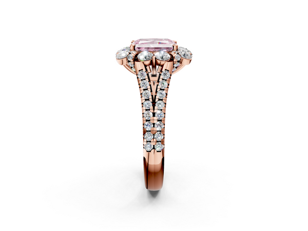 Rose gold Fancy Pink Radiant  Halo Split Shank Diamond Engagement Ring with Pave Band and Four-Prong Setting