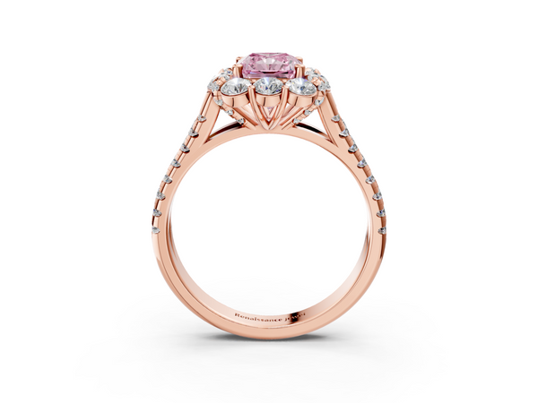 Rose gold Fancy Pink Radiant  Halo Split Shank Diamond Engagement Ring with Pave Band and Four-Prong Setting