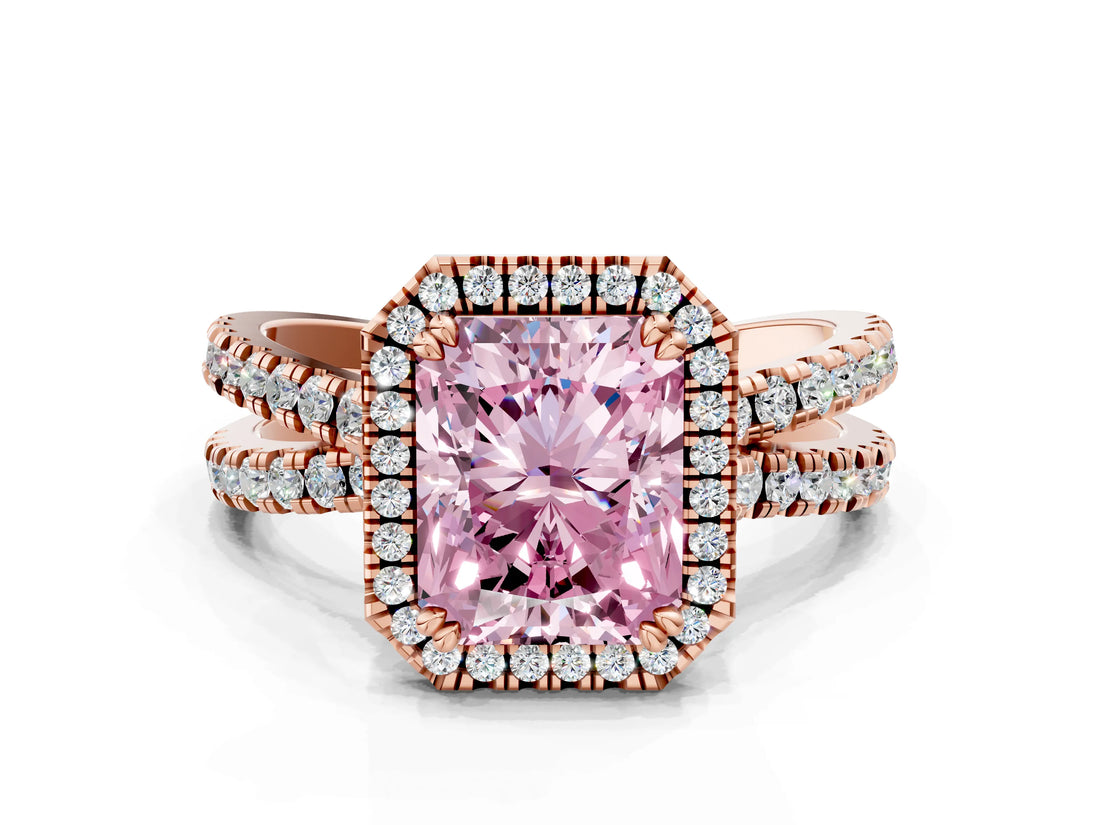 Rose gold Fancy Pink Radiant  Halo Split Shank Diamond Ring with Pavé Setting_26