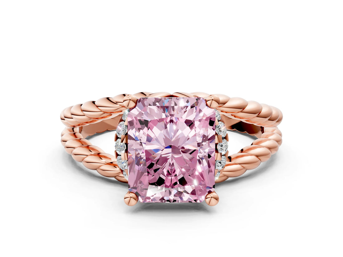 Rose gold Fancy Pink Radiant  Halo Twisted Band Four-Prong Ring_32