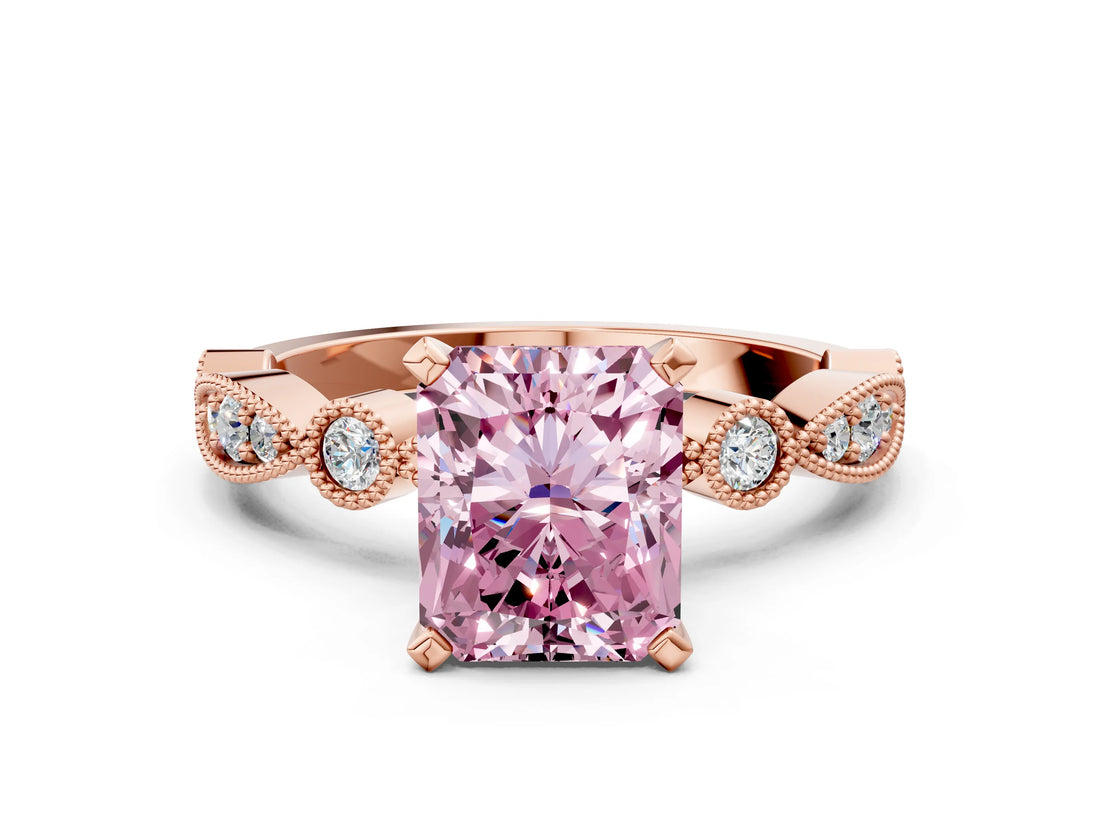 Rose gold Fancy Pink Radiant  Milgrain Bezel Diamond Engagement Ring with Solitaire Prong Setting_156