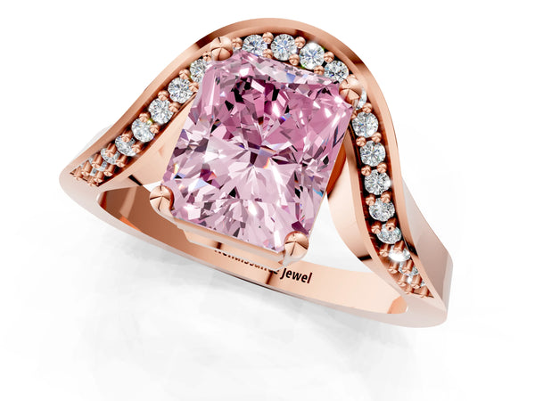 Rose gold Fancy Pink Radiant  Solitaire Diamond Engagement Ring with Pave Band and Four-Prong Setting