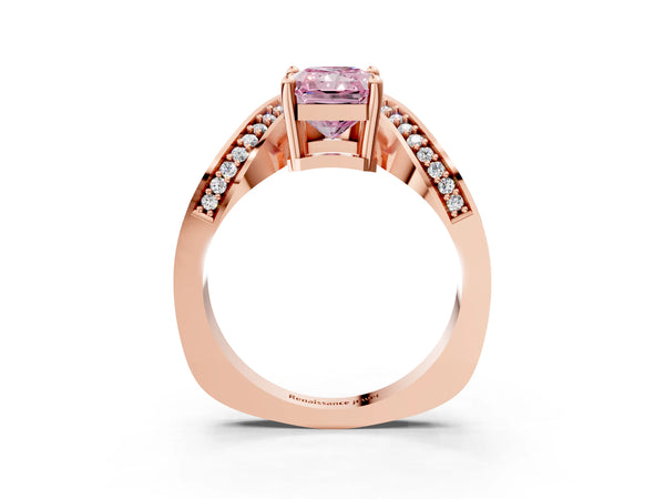 Rose gold Fancy Pink Radiant  Solitaire Diamond Engagement Ring with Pave Band and Four-Prong Setting