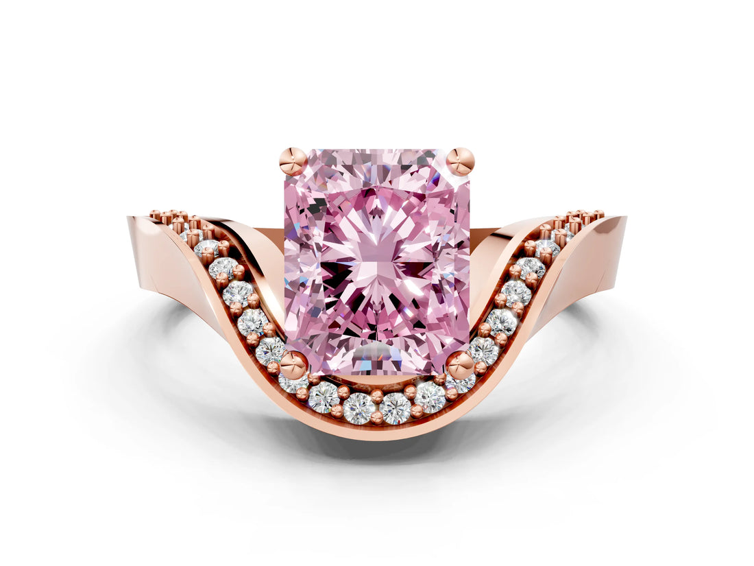 Rose gold Fancy Pink Radiant  Solitaire Diamond Engagement Ring with Pave Band and Four-Prong Setting