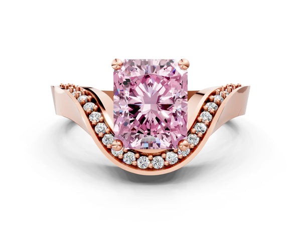 Rose gold Fancy Pink Radiant  Solitaire Diamond Engagement Ring with Pave Band and Four-Prong Setting
