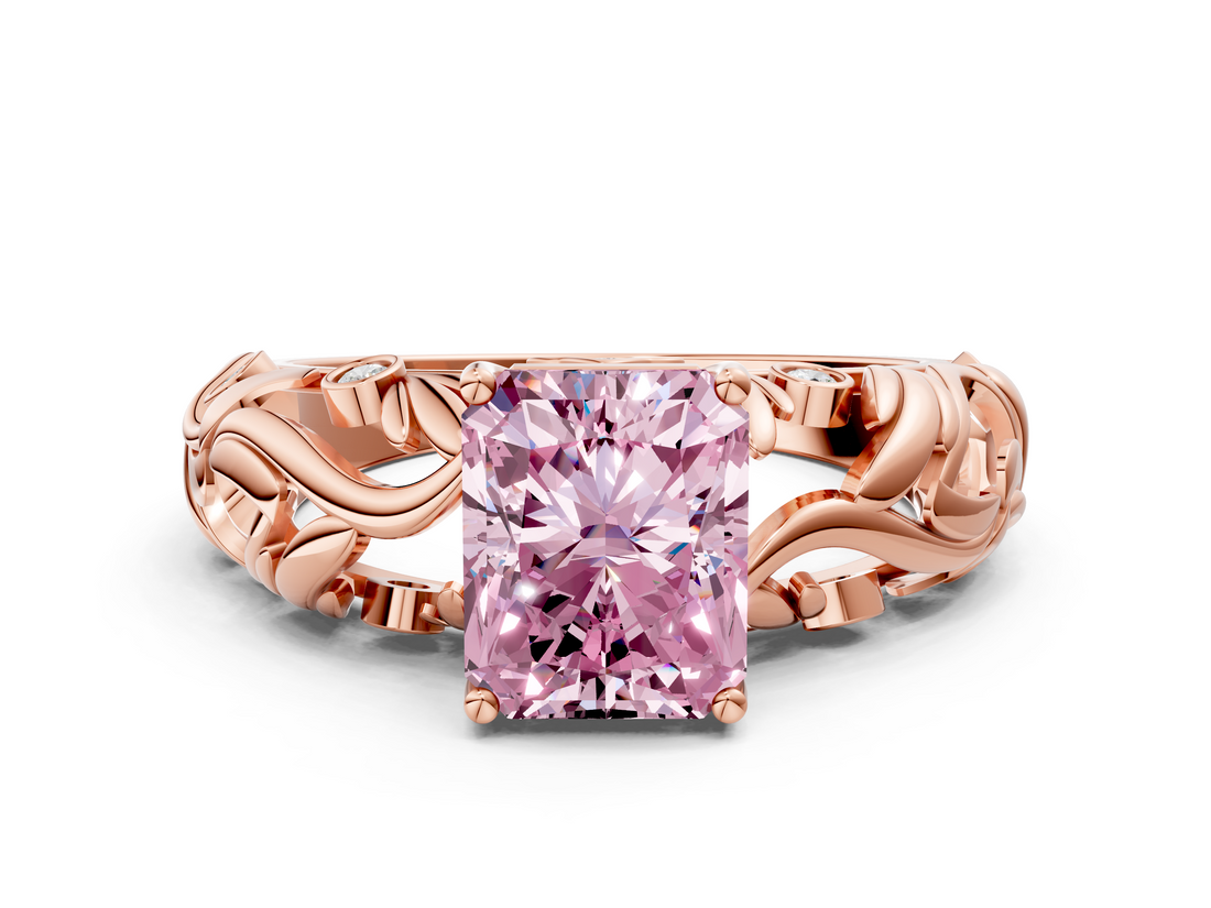 Rose gold Fancy Pink Radiant  Solitaire Diamond Leaf Vine Band with Prong Setting_42