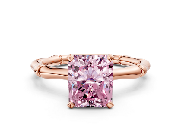 Rose gold Fancy Pink Radiant  Solitaire Diamond Ring with Bamboo Band and Four-Prong Setting