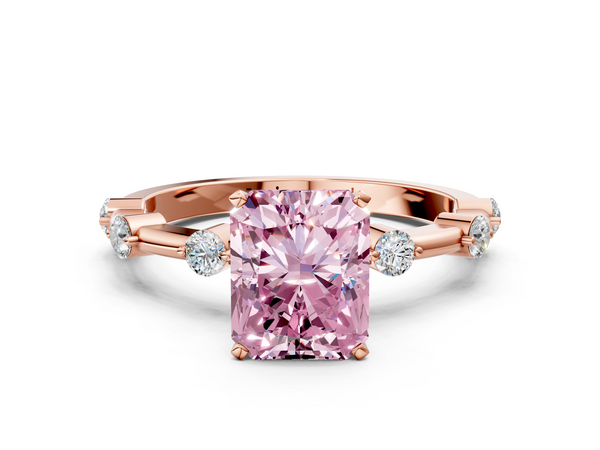 Rose gold Fancy Pink Radiant  Solitaire Diamond Ring with Bezel Set Side Stones and Prong Setting