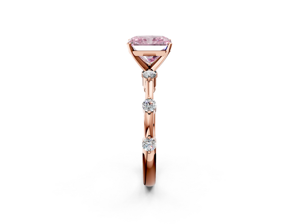Rose gold Fancy Pink Radiant  Solitaire Diamond Ring with Bezel Set Side Stones and Prong Setting