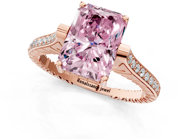 Rose gold Fancy Pink Radiant  Solitaire Diamond Ring with Channel Set Band and Bezel Prong Setting
