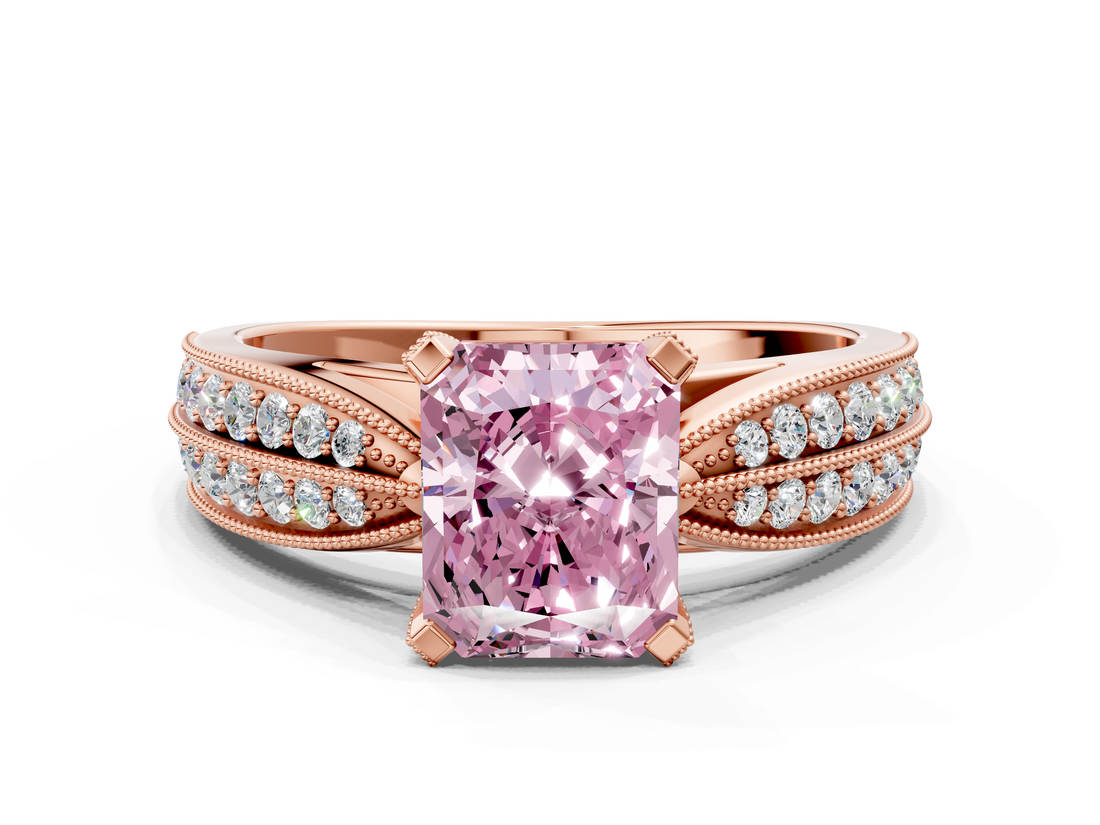 Rose gold Fancy Pink Radiant  Solitaire Diamond Ring with Milgrain Pavé Band and Four-Prong Setting_26