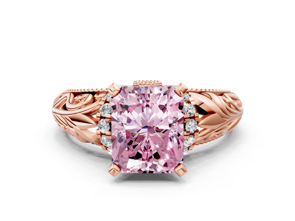 Rose gold Fancy Pink Radiant  Solitaire Filigree Engagement Ring with Halo and Prong Setting