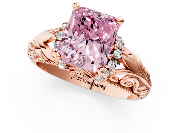 Rose gold Fancy Pink Radiant  Solitaire Filigree Engagement Ring with Halo and Prong Setting