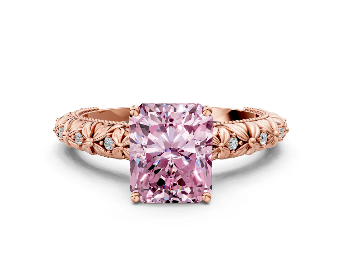Rose gold Fancy Pink Radiant  Solitaire Floral Milgrain Engagement Ring_30