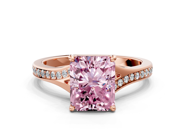 Rose gold Fancy Pink Radiant Cut Diamond Solitaire Ring with Pavé Band and Prong Setting