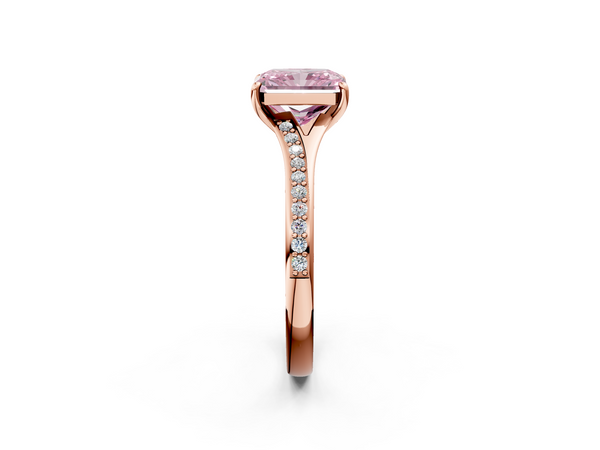 Rose gold Fancy Pink Radiant Cut Diamond Solitaire Ring with Pavé Band and Prong Setting