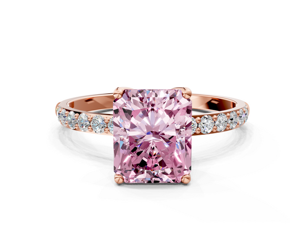 Rose gold Fancy Pink Radiant Cut Diamond Solitaire Engagement Ring with Round  Pavé Band and Prong Setting