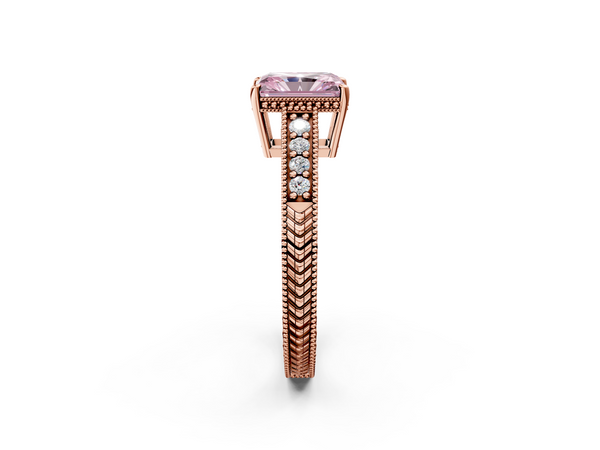 Rose gold Fancy Pink Radiant  Solitaire Pavé Diamond Milgrain Engagement Ring with Four-Prong Setting