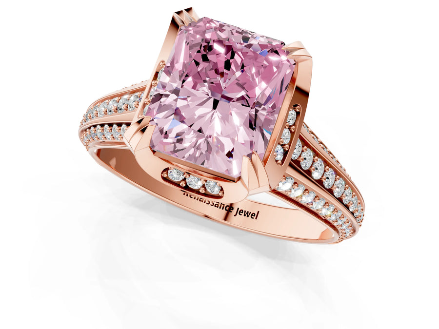 Rose gold Fancy Pink Radiant  Solitaire Pave Split Shank Ring with Four-Prong Setting