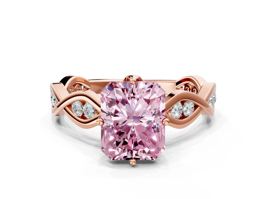 Rose gold Fancy Pink Radiant  Solitaire Twist Band with Leaf Prong Setting 1