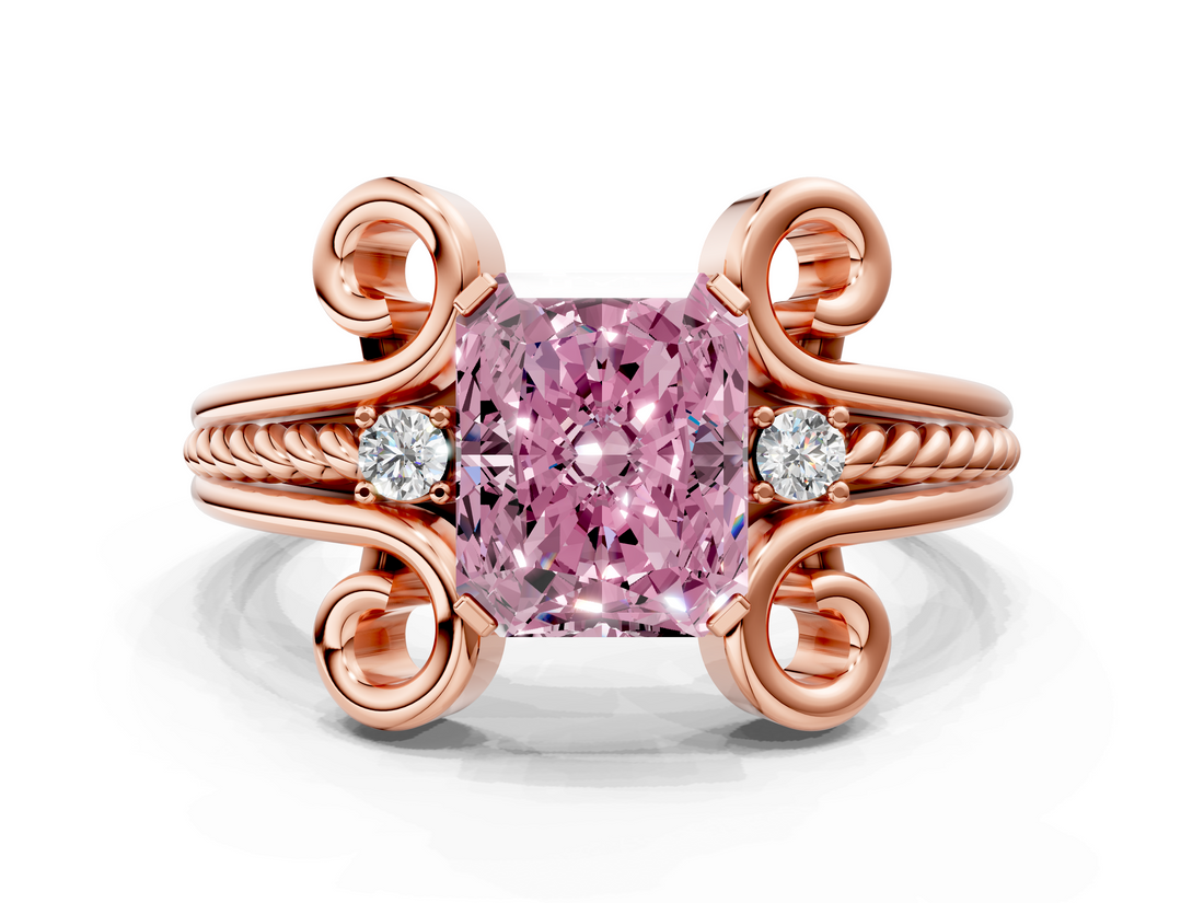 Rose gold Fancy Pink Radiant  Solitaire Twisted Band Scroll Prong Ring_28