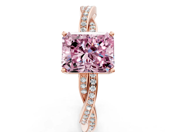 Rose gold Fancy Pink Radiant  Solitaire Twisted Pave Diamond Ring with Four-Prong Setting