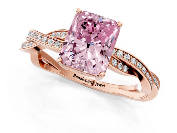 Rose gold Fancy Pink Radiant  Solitaire Twisted Pave Diamond Ring with Four-Prong Setting