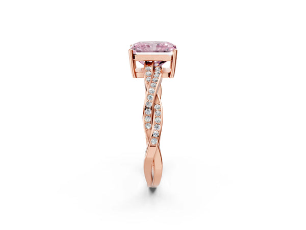 Rose gold Fancy Pink Radiant  Solitaire Twisted Pave Diamond Ring with Four-Prong Setting