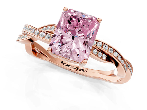 Rose gold Fancy Pink Radiant  Solitaire Twisted Pave Diamond Ring with Four-Prong Setting