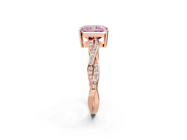 Rose gold Fancy Pink Radiant  Solitaire Twisted Pave Diamond Ring with Four-Prong Setting