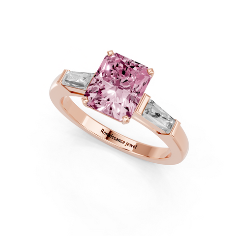 Rose gold Fancy Pink Radiant  Solitaire with Tapered Baguette Side Stones on a Classic Band with Four-Prong Setting