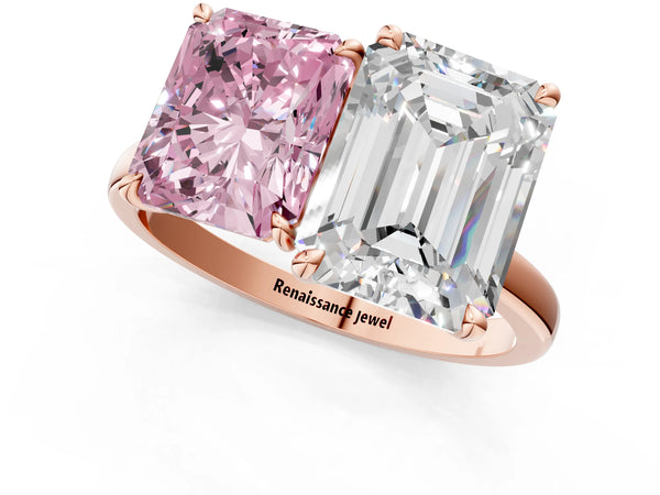 Rose gold Fancy Pink Radiant  and Emerald Cut Toi Moi Ring with Prong Setting