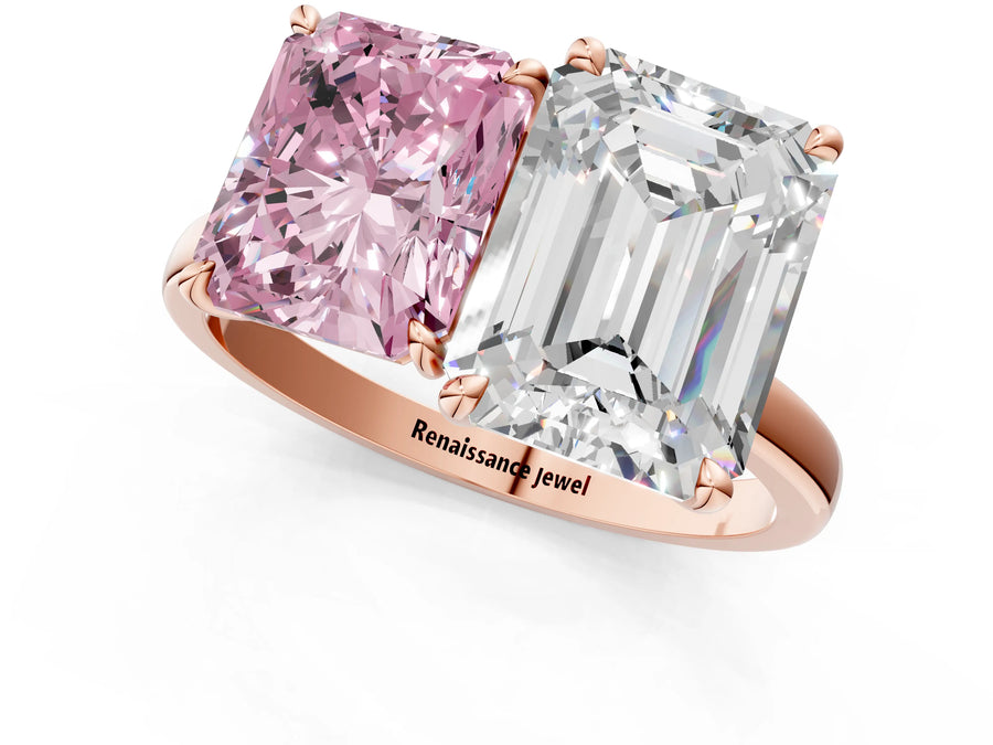 Rose gold Fancy Pink Radiant  and Emerald Cut Toi Moi Ring with Prong Setting